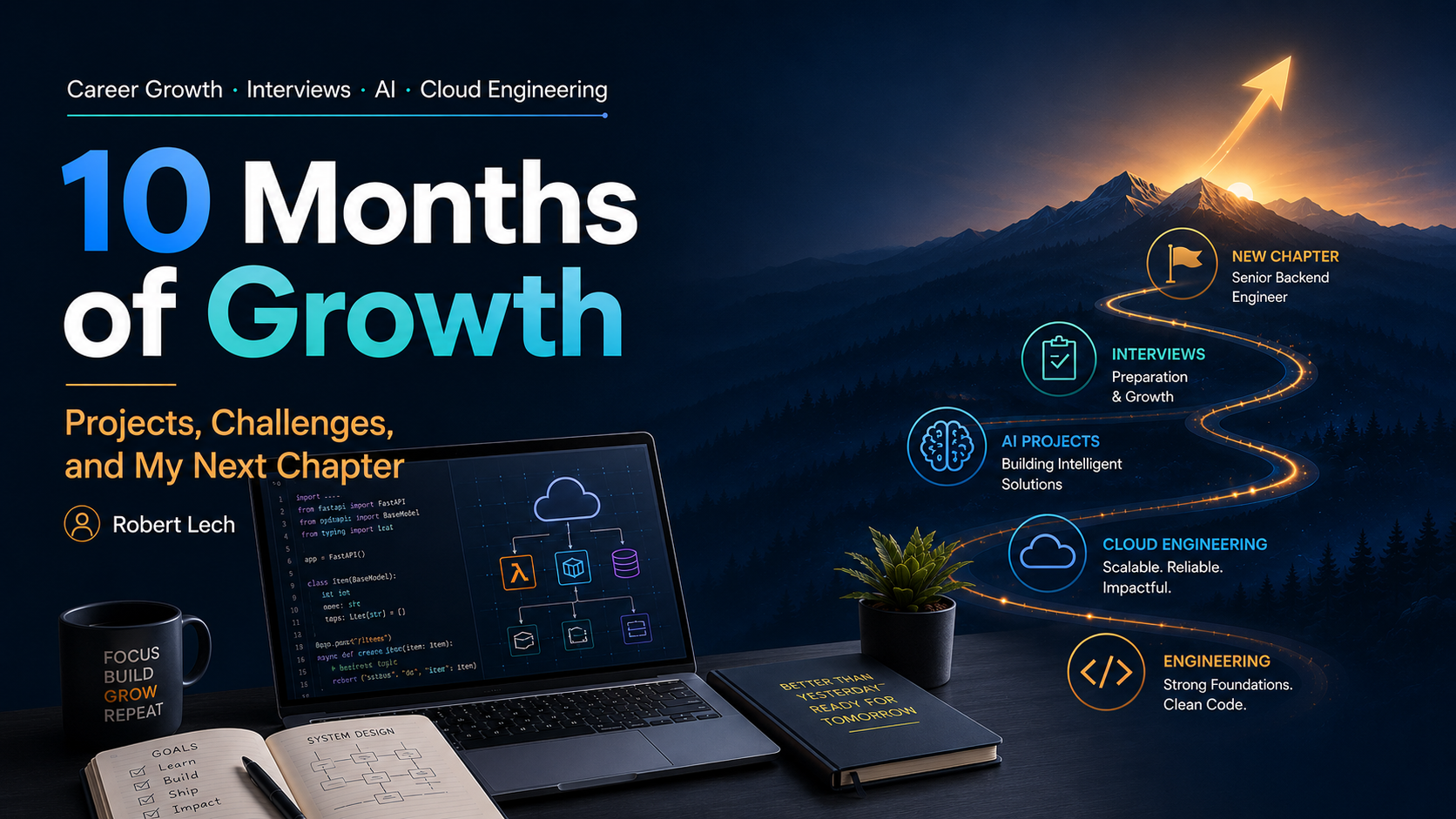 Banner for '10 Months of Growth' showing a laptop workspace and a glowing path through mountains symbolizing career growth, interviews, AI projects, cloud engineering, and a new senior backend engineering chapter.